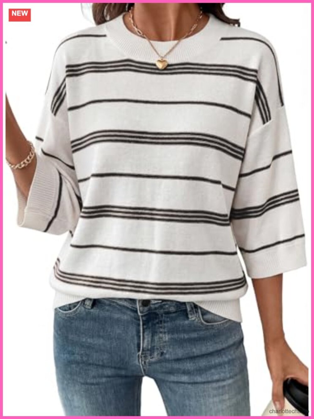 Women's Oversized 3/4 Sleeve Striped Cotton Knit Pullover Sweater Crewneck